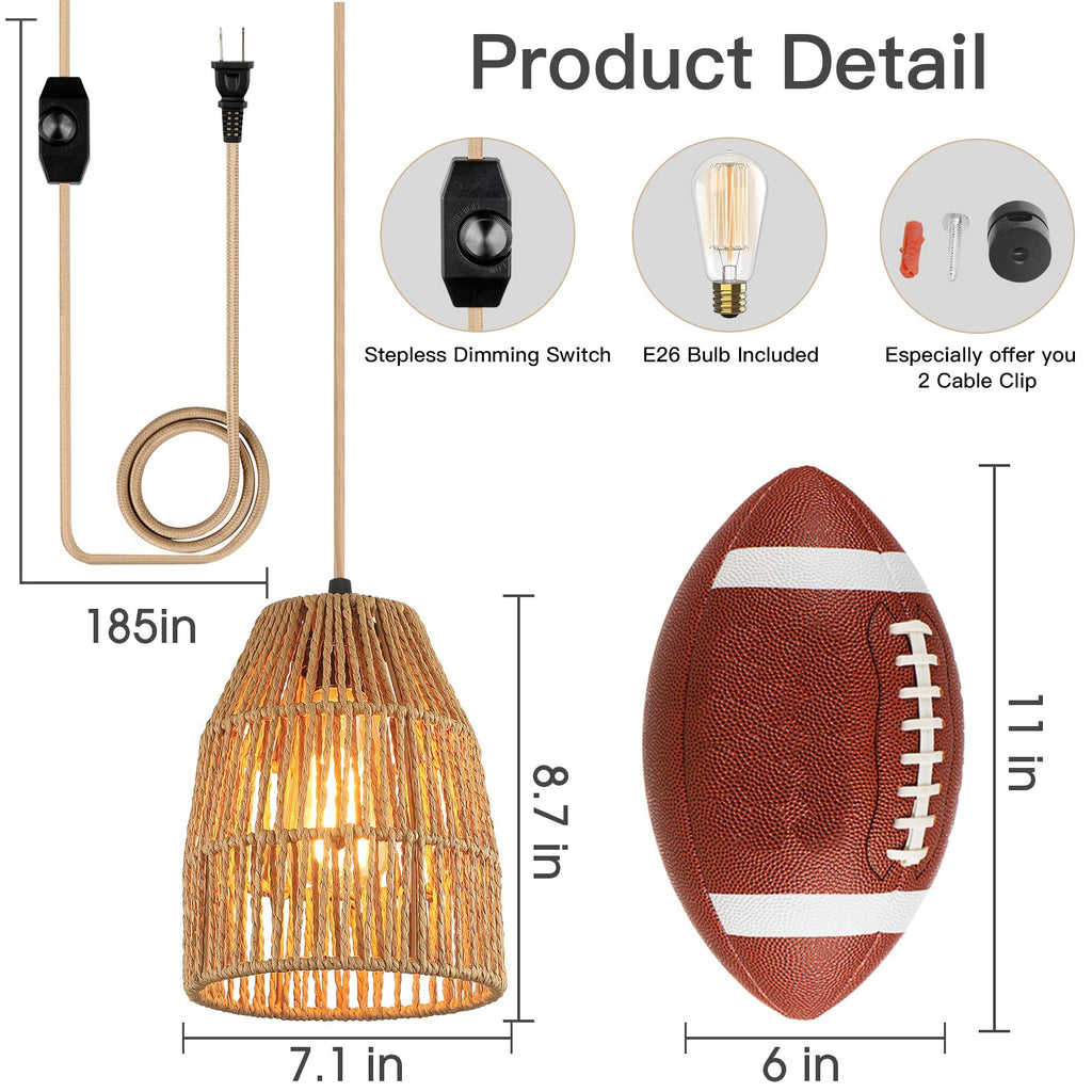 Plug in Pendant Light, Hanging Lights with 15ft Golden Cotton Cord & Stepless Dimming Switch, Handwoven Hemp Rope