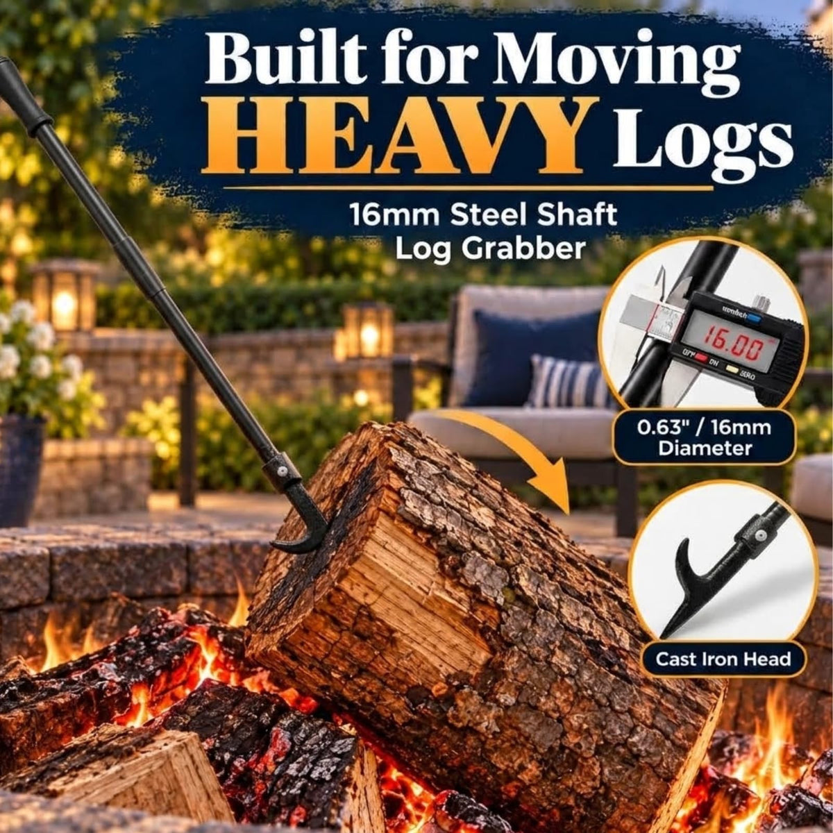 46" Fire Poker for Fire Pits, 16 mm Heavy Duty Steel Shaft, Metal Joints