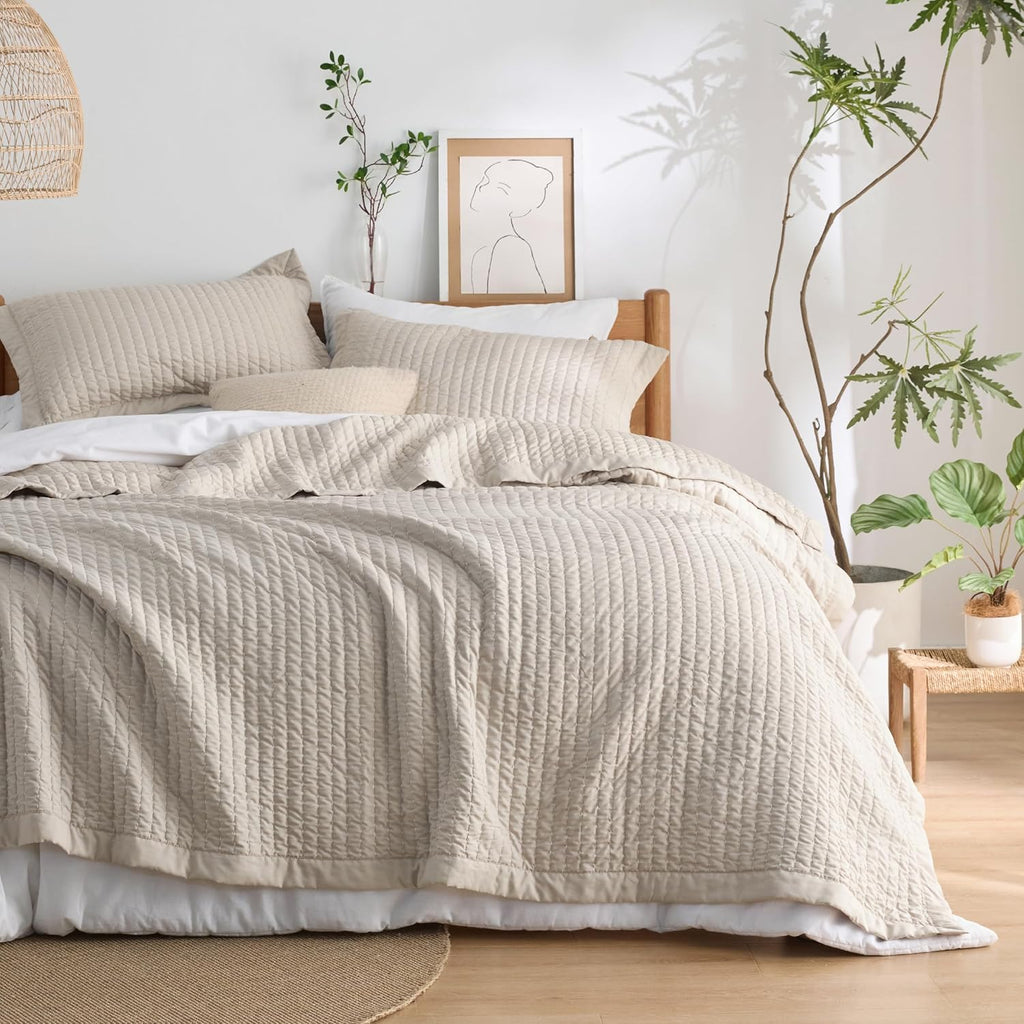 Quilts - Quilt Bedding Set Bedspread Coverlet Comforter, Lightweight Neutral Striped Bedding, 3-Piece Set