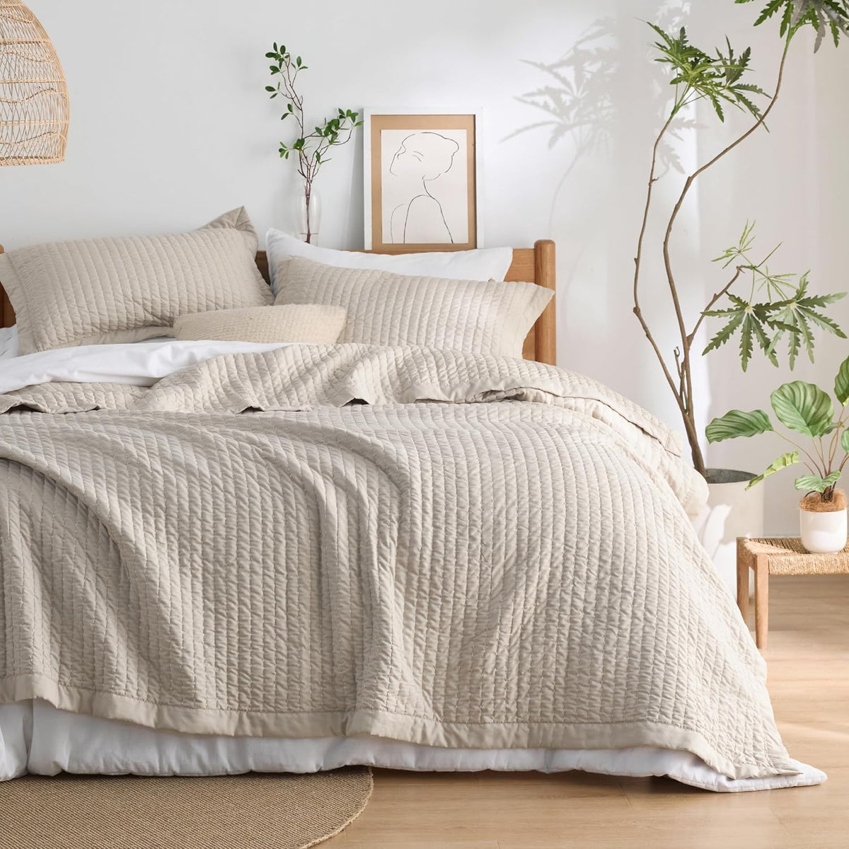 Quilts - Quilt Bedding Set Bedspread Coverlet Comforter, Lightweight Neutral Striped Bedding, 3-Piece Set