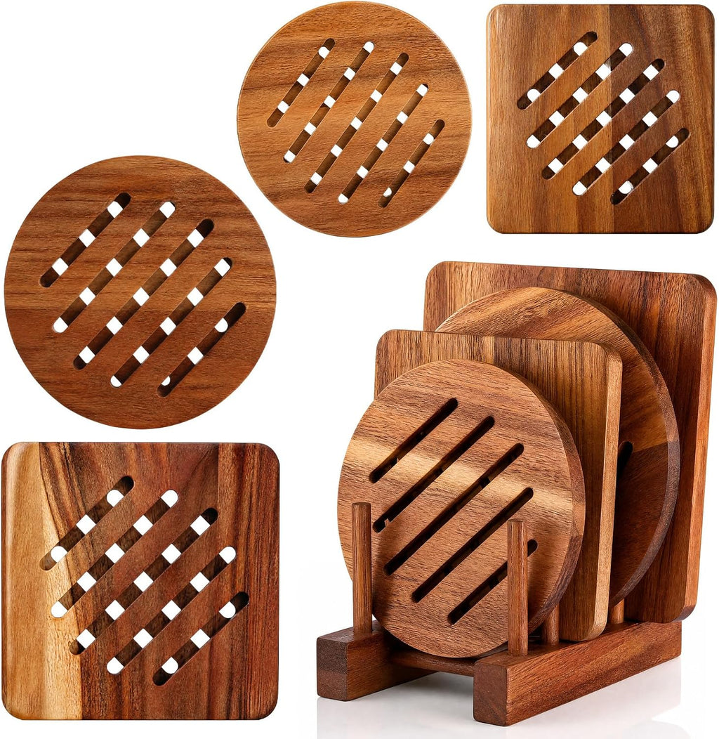 Acacia Trivet Mat and Trivet Holder Set 5.8 inch 7 inch Thicken Acacia Wood Hot Pads Trivets Heat Resistant - Set of 5