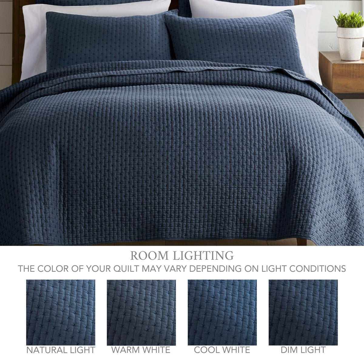 Cross Stitch Reversible Quilt Set (106x92in) and 2 Pillow Shams (36x20in) - Stitch Texture - Navy