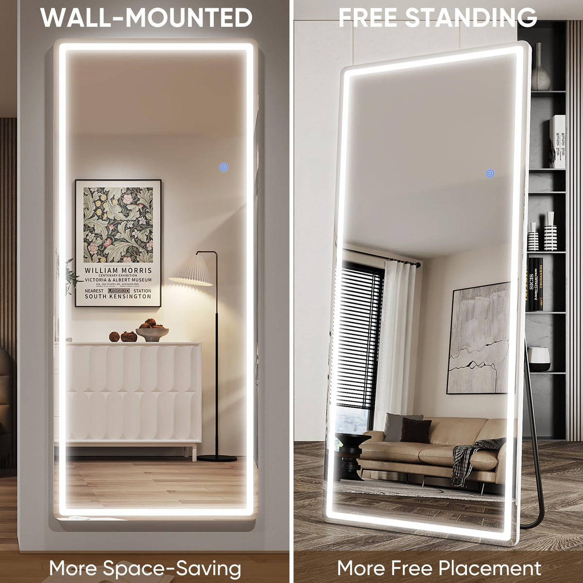 58"x18" LED Full Length Mirror, Lighted Floor Mirror, Rect