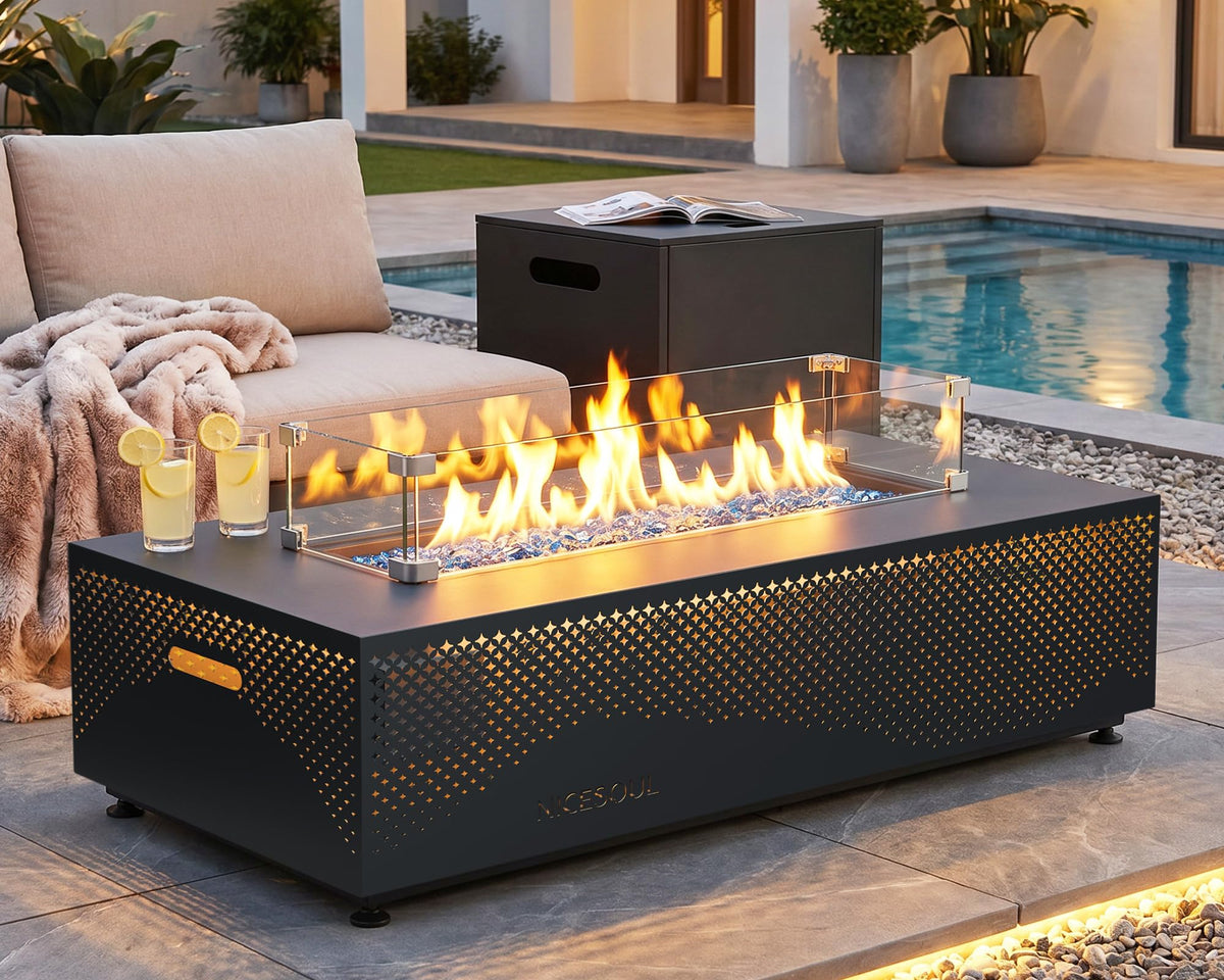 42'' Propane/Natural Gas Fire Pit Table, Rectangle Firepits with Tank Table, 50000 BTU Modern Outdoor Fireplace with