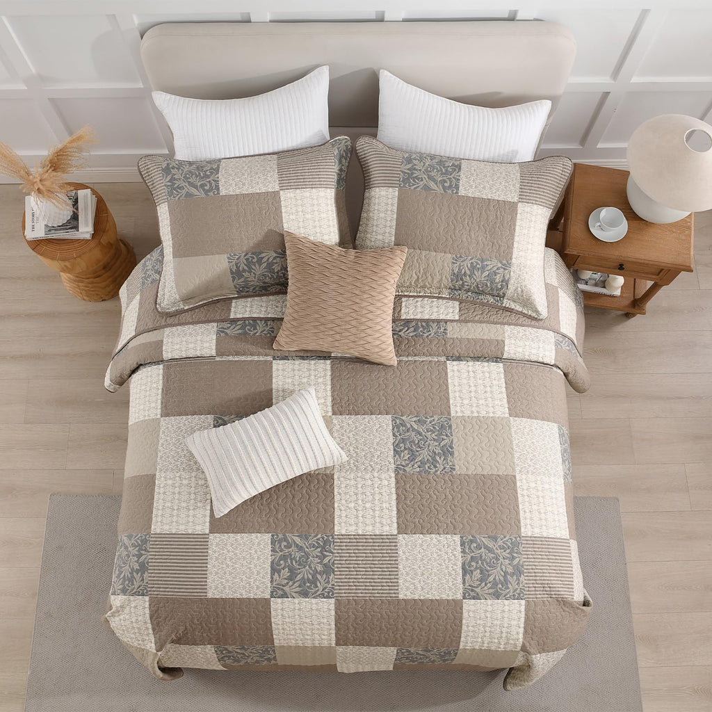 100% Cotton Quilt Set - Plaid Quilted Comforter, Patchwork Botanical Quilt Bedspread, Modern