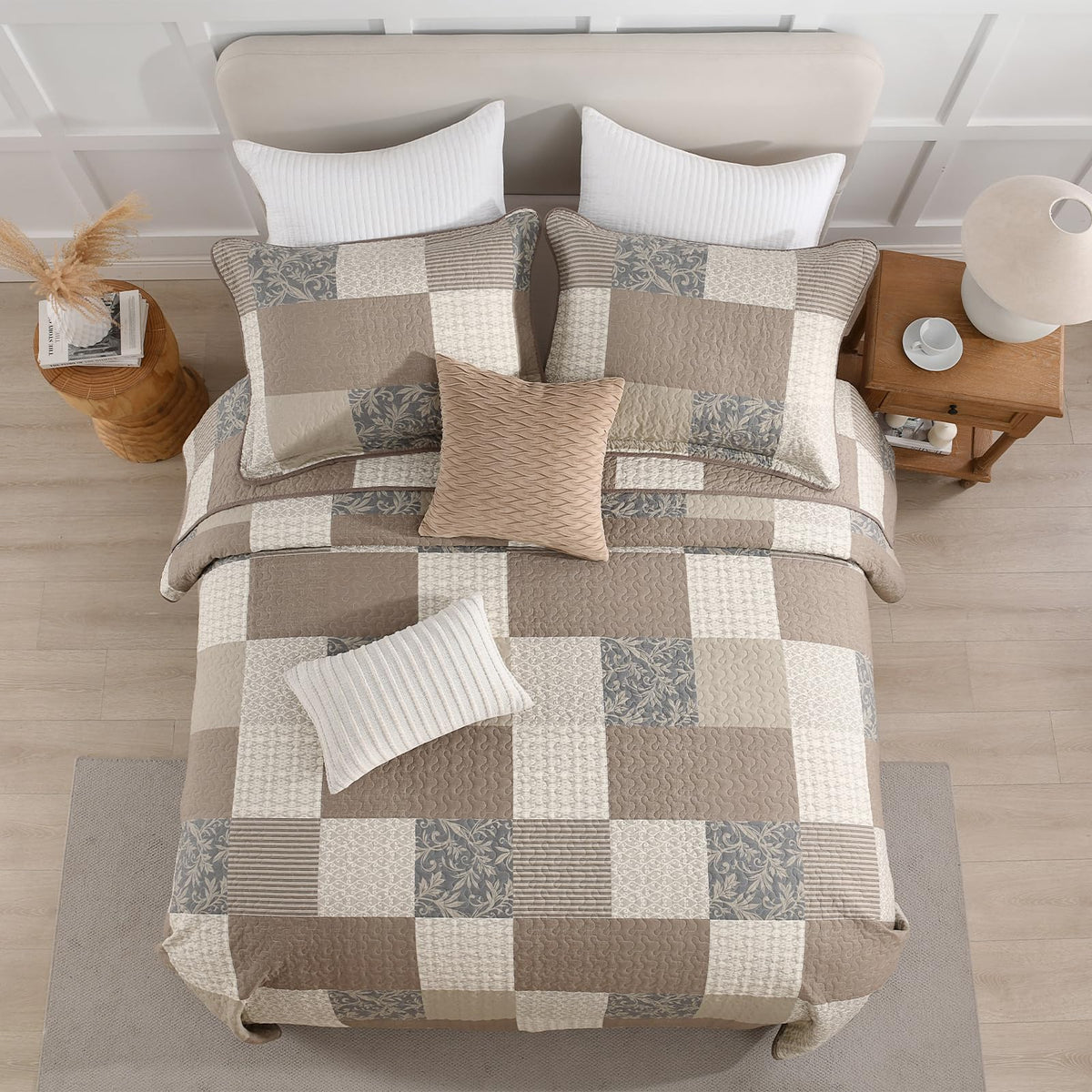 100% Cotton Quilt Set - Plaid Quilted Comforter, Patchwork Botanical Quilt Bedspread, Modern