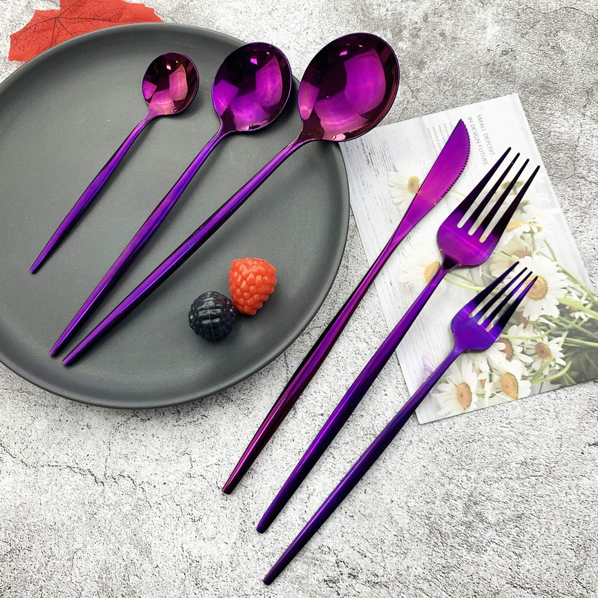Silverware Set, Mirror Polished Purple Flatware Cutlery Set Service for 4, Shiny Finish 24 Pieces Stainless Steel