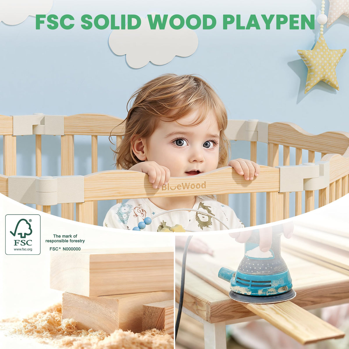 Foldable Wooden Baby Playpen, 45 x 45 x 24 inches, Pastel Dream, Natural