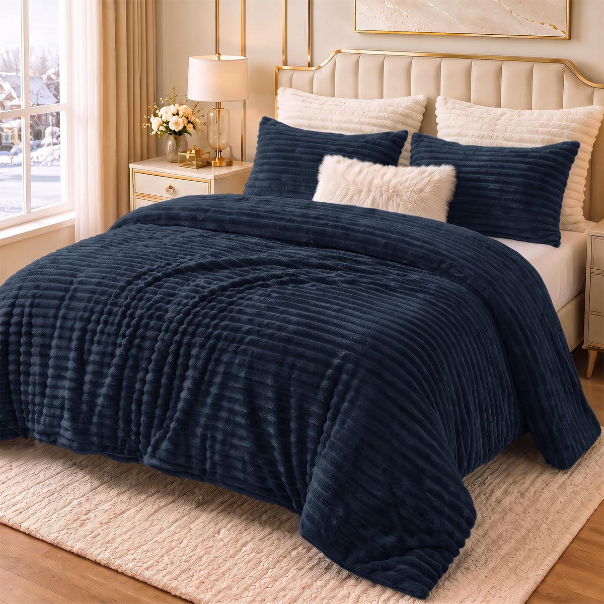 Fleece Oversized Comforter Sets, 3 Piece Navy Blue Bedding