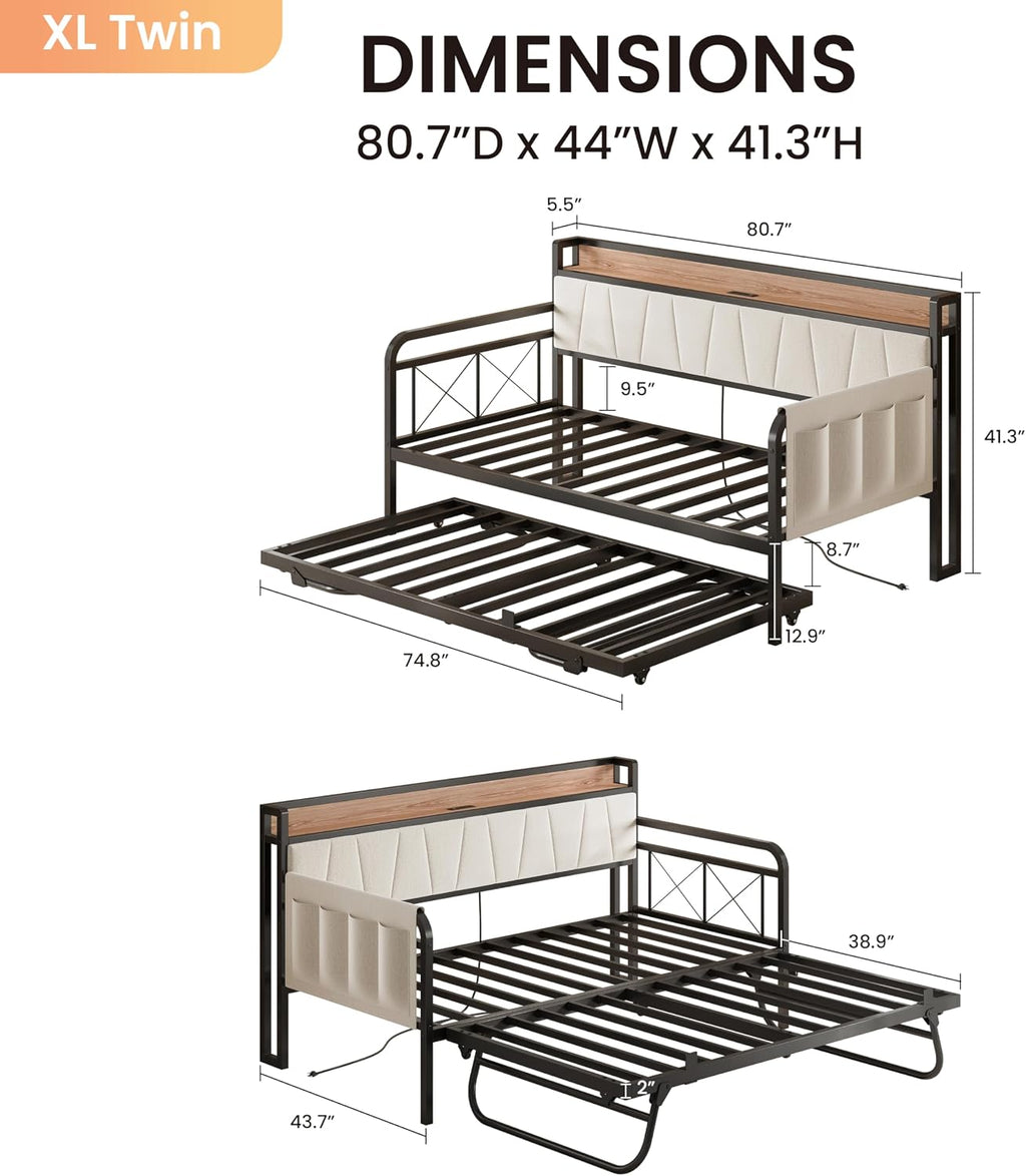 Twin XL Daybed, Day Bed Frame with Pop Up Trundle, Beige | Pop Up Trundle Bed with Smooth Wheels, Charging Station