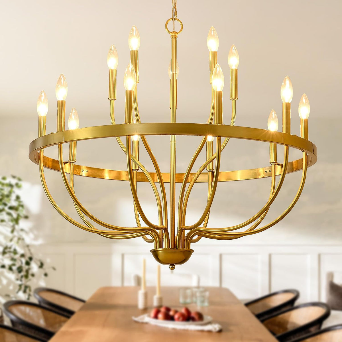 Fifteen-Light Gold Candle Chandelier with Two-Tier Open Iron Frame