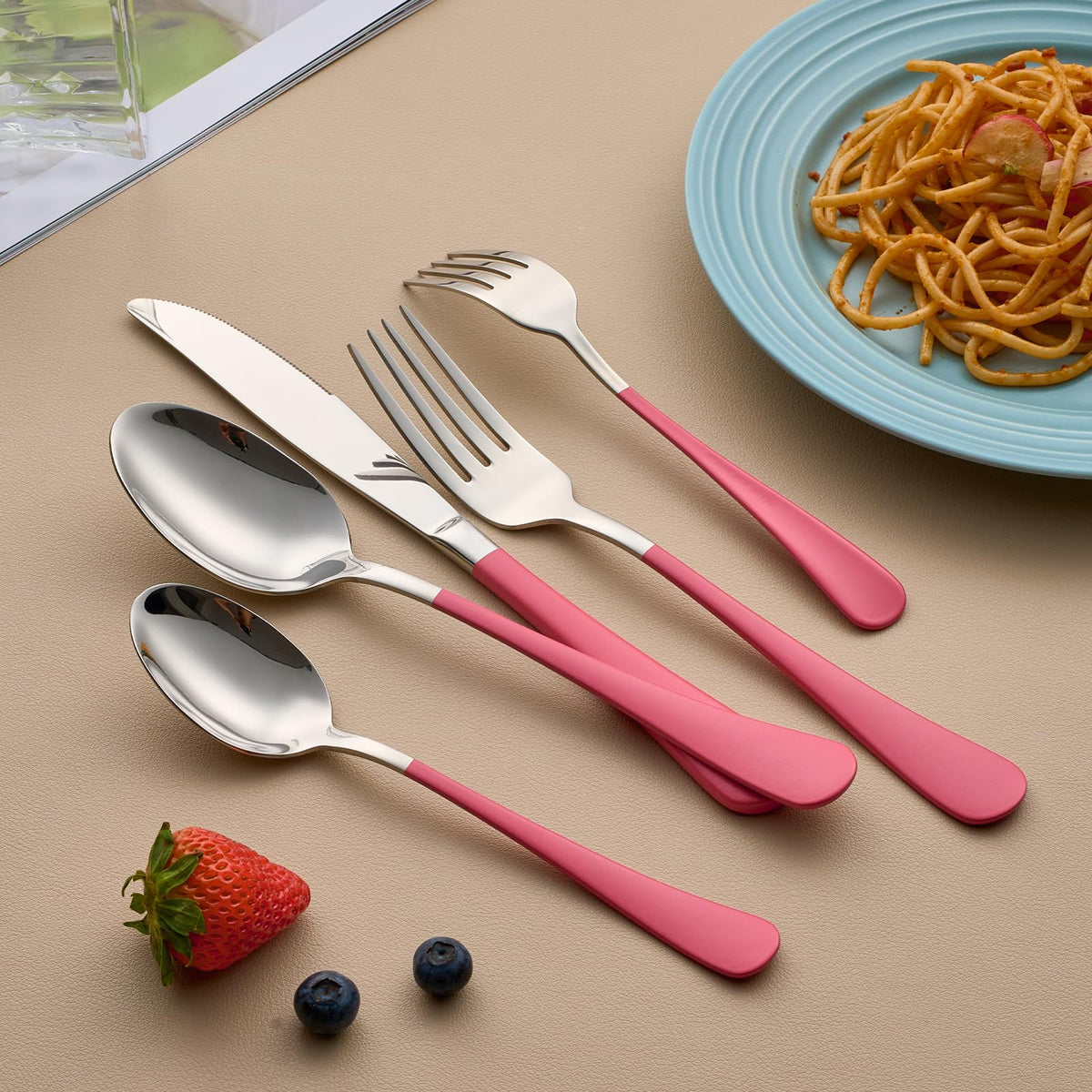 20-Piece Pink Silverware Set for 4, 18/0 Stainless Steel Flatware Cutlery Utensils Set, Include Dinner Knives,Dinner
