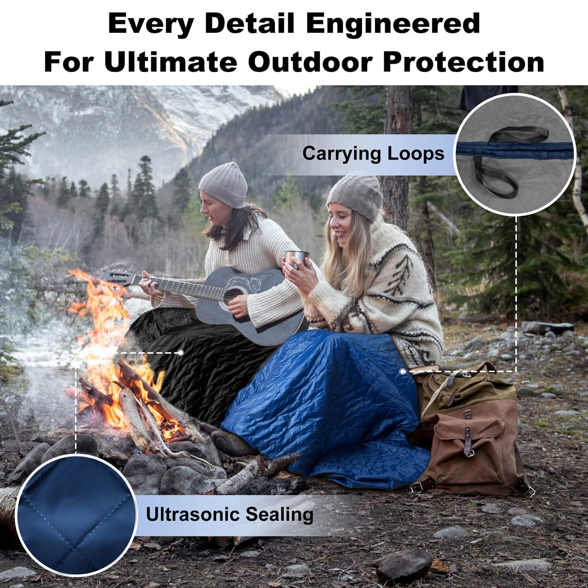 Waterproof Outdoor Blanket 62"x51" Sherpa Fleece Black