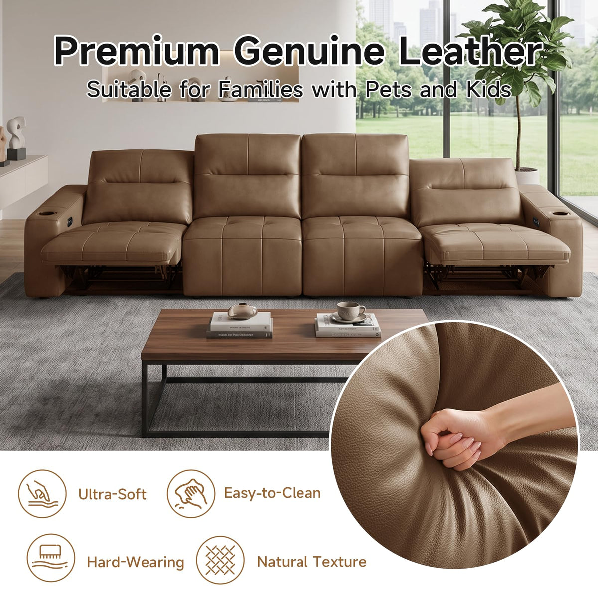 Zero Gravity Power Recliner Sofa 146", Genuine Leather Sofa with Electric Reclining Seats, Adjustable Backrests, USB