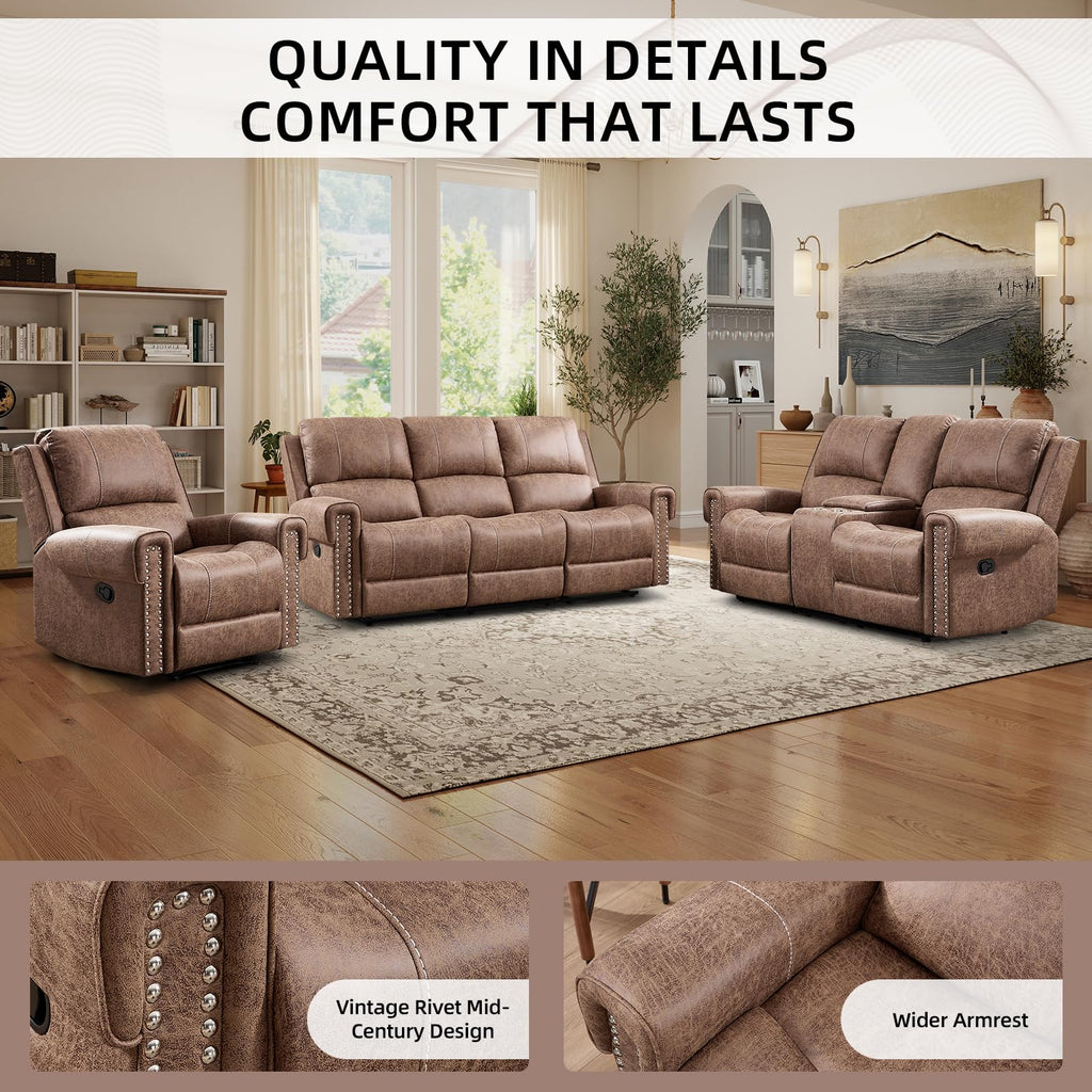 Faux Leather Manual Recliner Sofa Furniture Set, Included Overstuffed Recliner Chair, Reclining Loveseat and 3-Seat