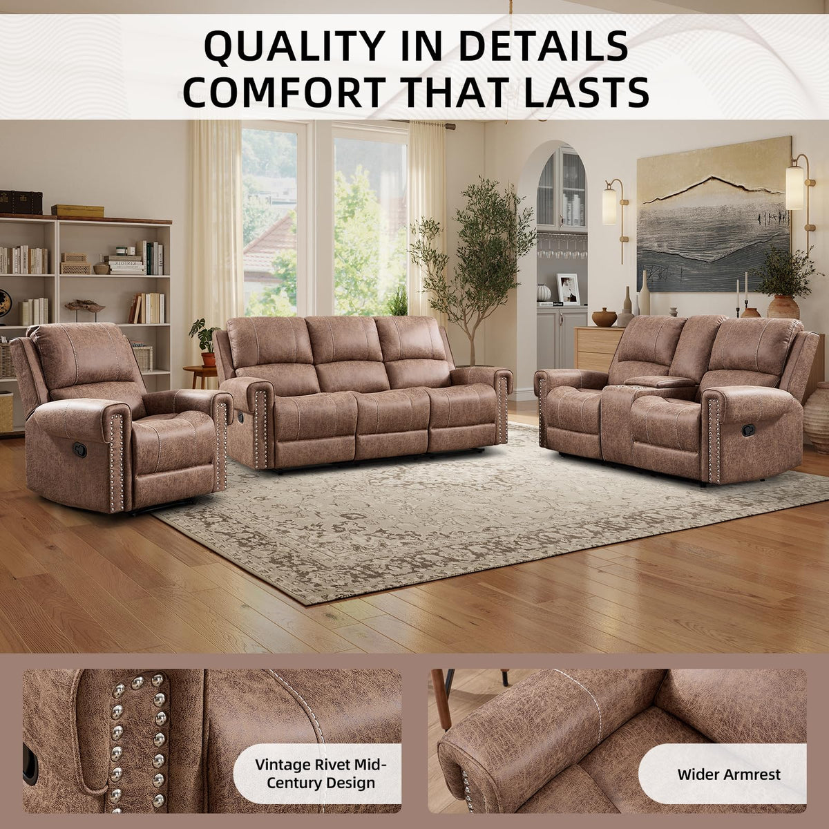 Faux Leather Manual Recliner Sofa Furniture Set, Included Overstuffed Recliner Chair, Reclining Loveseat and 3-Seat