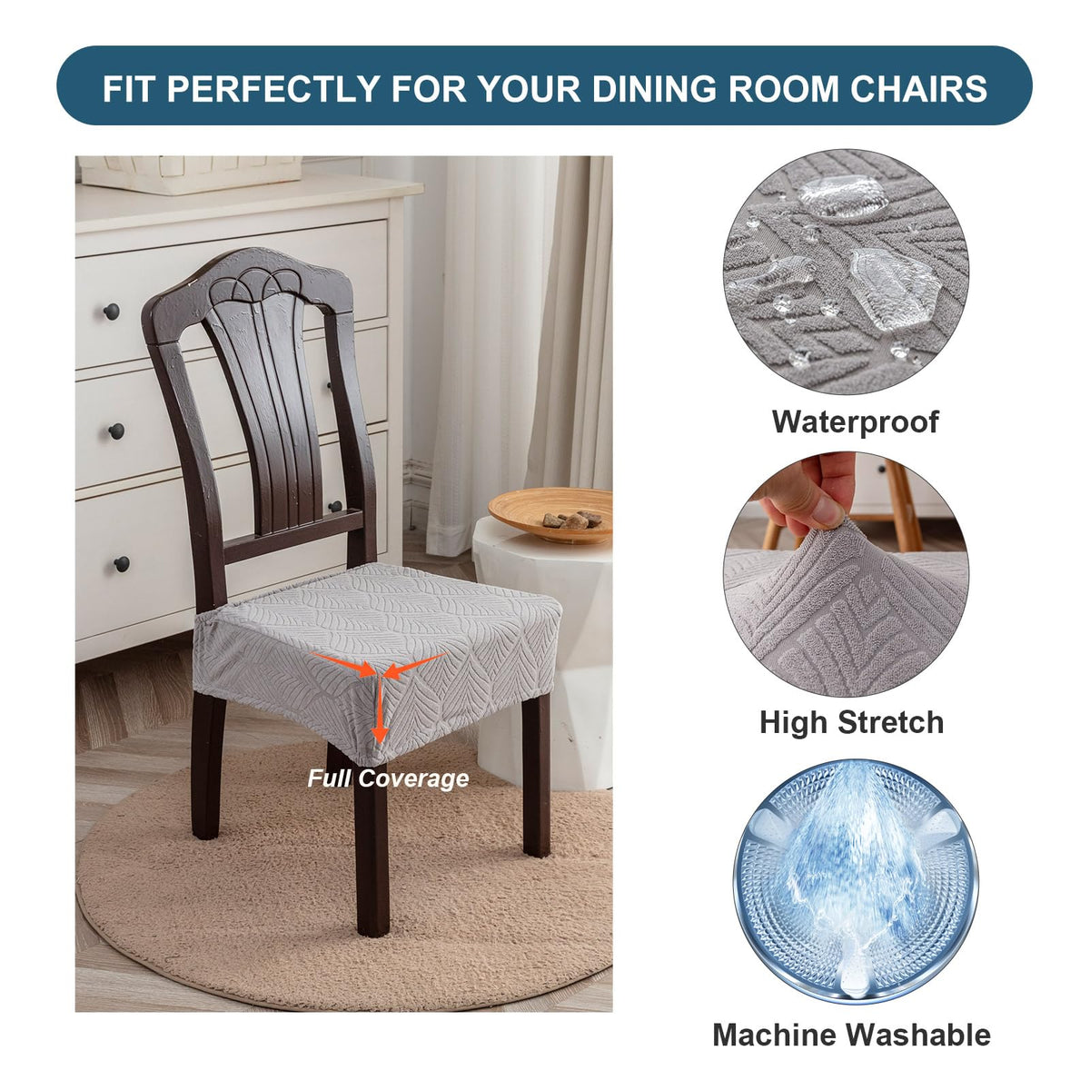 Waterproof Stretch Dining Chair Seat Covers, Set of 4 Light Gray