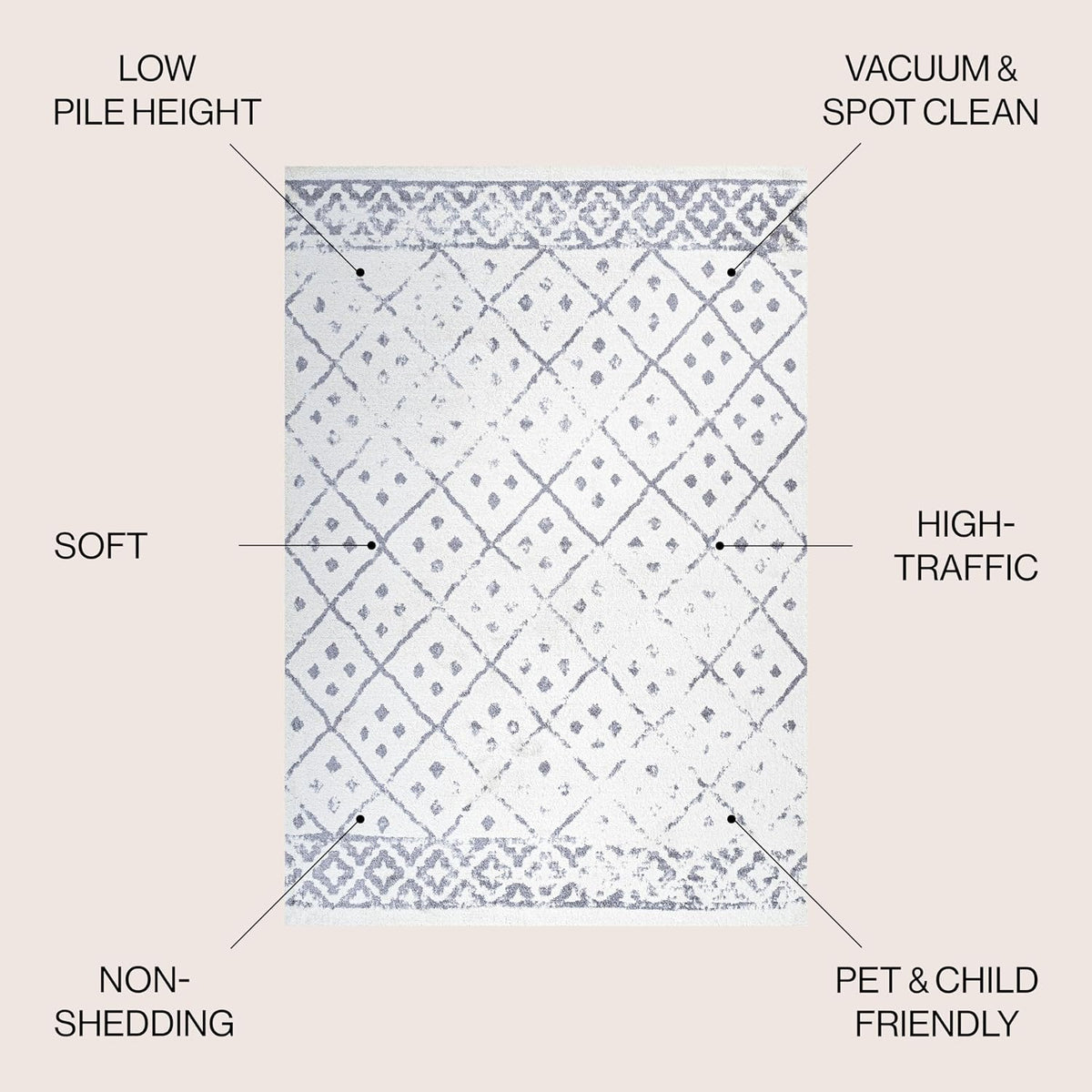 Juba Geometric Diamond Ivory/Gray Indoor Area Rug, Moroccan, Bohemian, Vintage, Easy-Cleaning, Pet Friendly