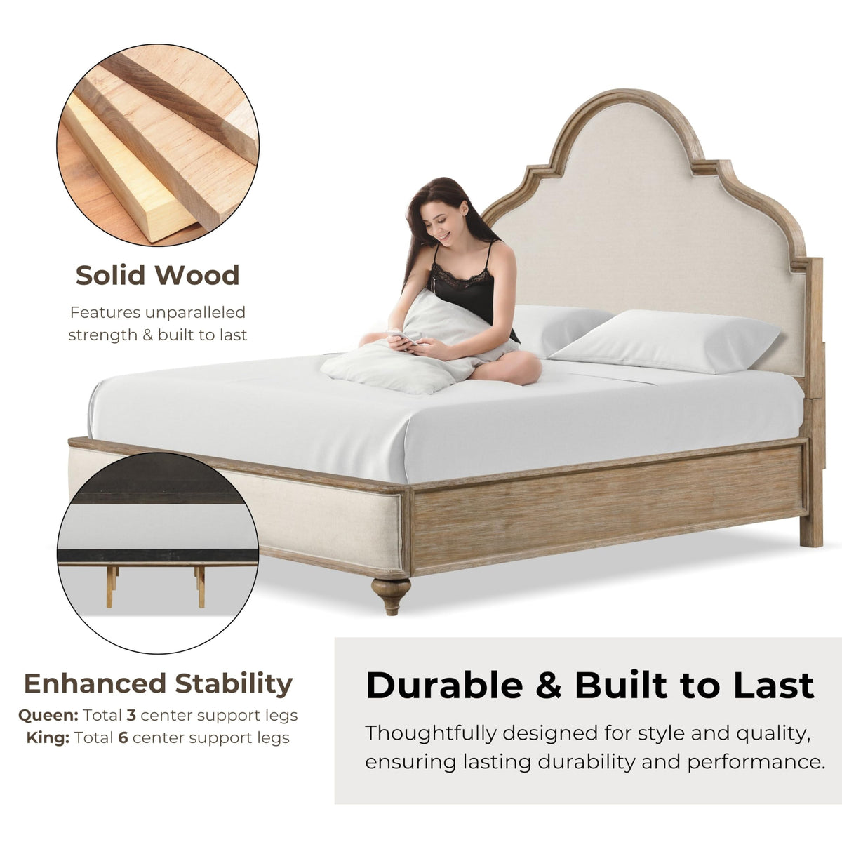 Weile Art Deco Solid Wood 88-inch Panel Bed with Upholstered Headboard and Footboard, Box Spring Required, Guest