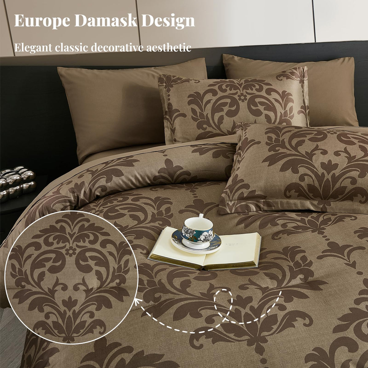 King Luxury Comforter Set Dark Brown 7 Piece Boho Damask Bedding