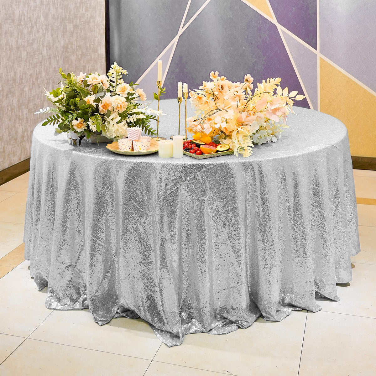 Silver Sequin Tablecloth, 120 Inch Round Glitter Table Cover