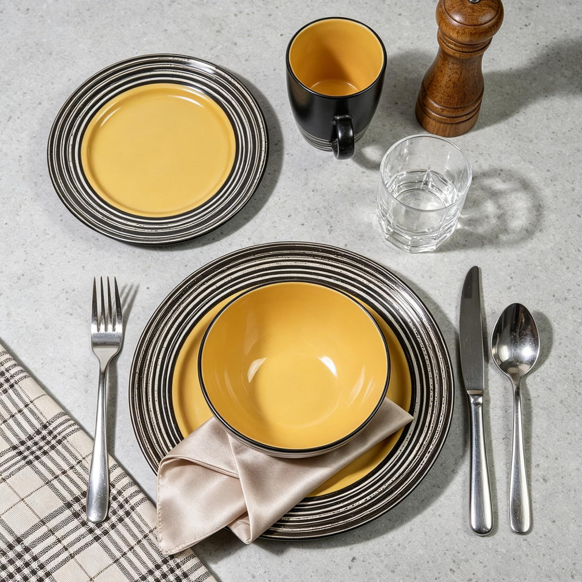 16 Piece Dinnerware Set, Ceramic Plates and Bowls Sets for 4, Microwave and Dishwasher Safe, Handcrafted Tree Bark