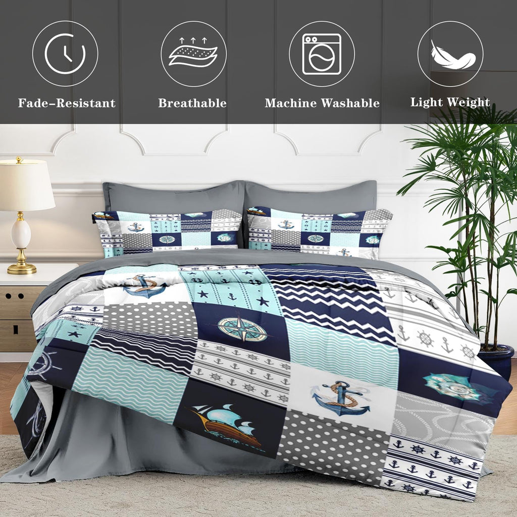 Queen Comforter Set with Sheets, 7 Pieces Nautical Blue Bedding