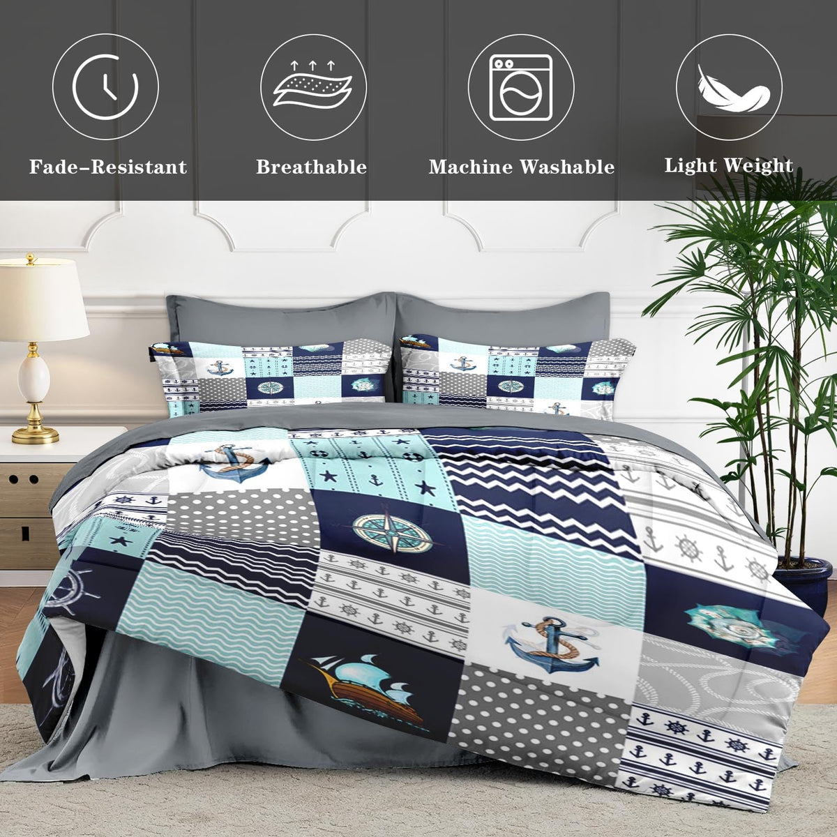 Queen Comforter Set with Sheets, 7 Pieces Nautical Blue Bedding