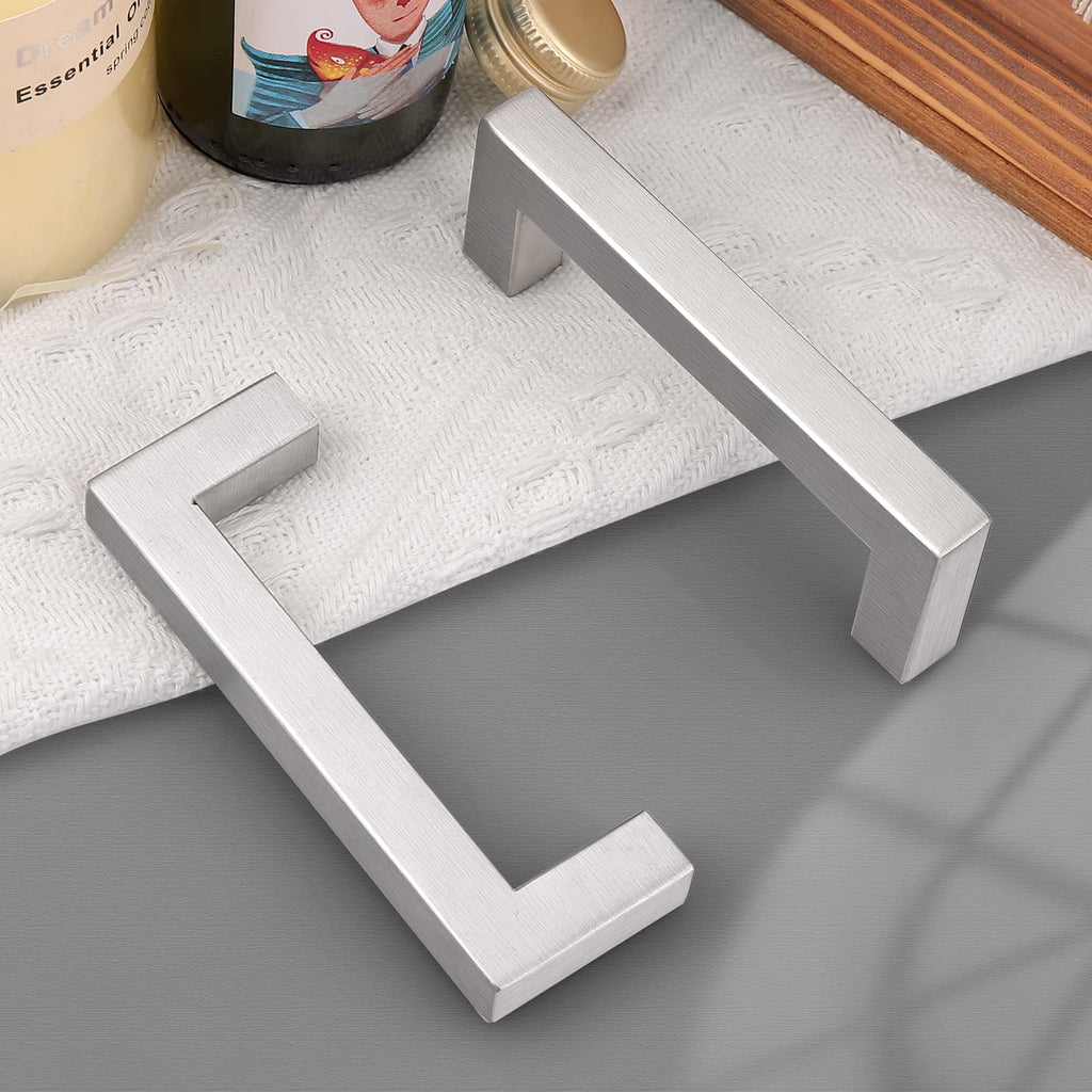 15 Pack 3-1/2 inch Hole Center Stainless Steel Cabinet Pulls in Brushed Nickel, Square Kitchen Cabinet Handles Bath
