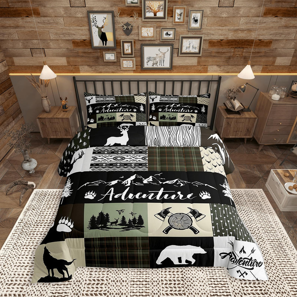 Rustic Farmhouse Comforter Set, Bear Deer Wolf Wild Animals Patchwork Bedding Set All Season Quilt Set, Cabin