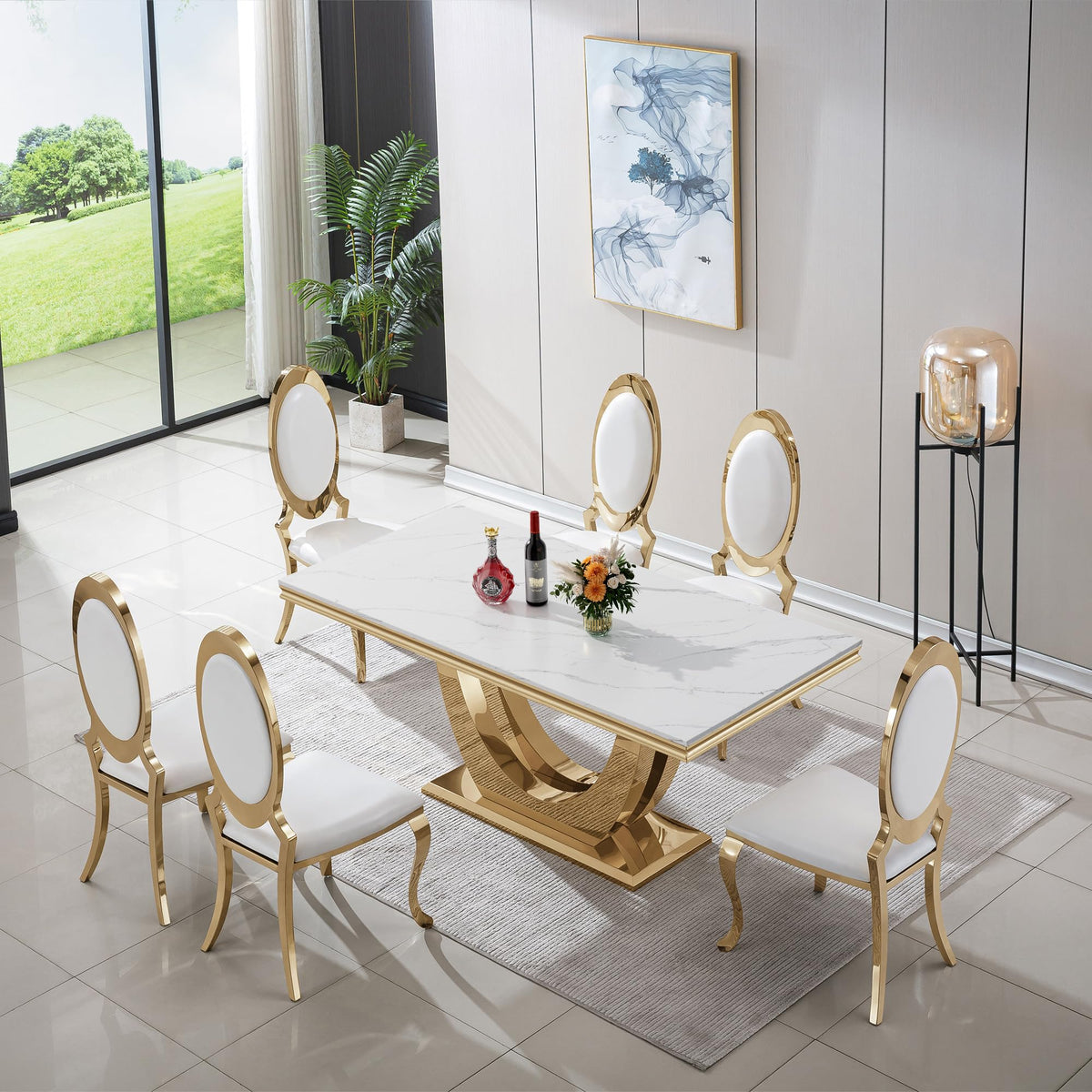 Luxury White Marble Dining Table for 4-6 People Rectangular Faux Marble Kitchen Table 68" Large Long Dining Room