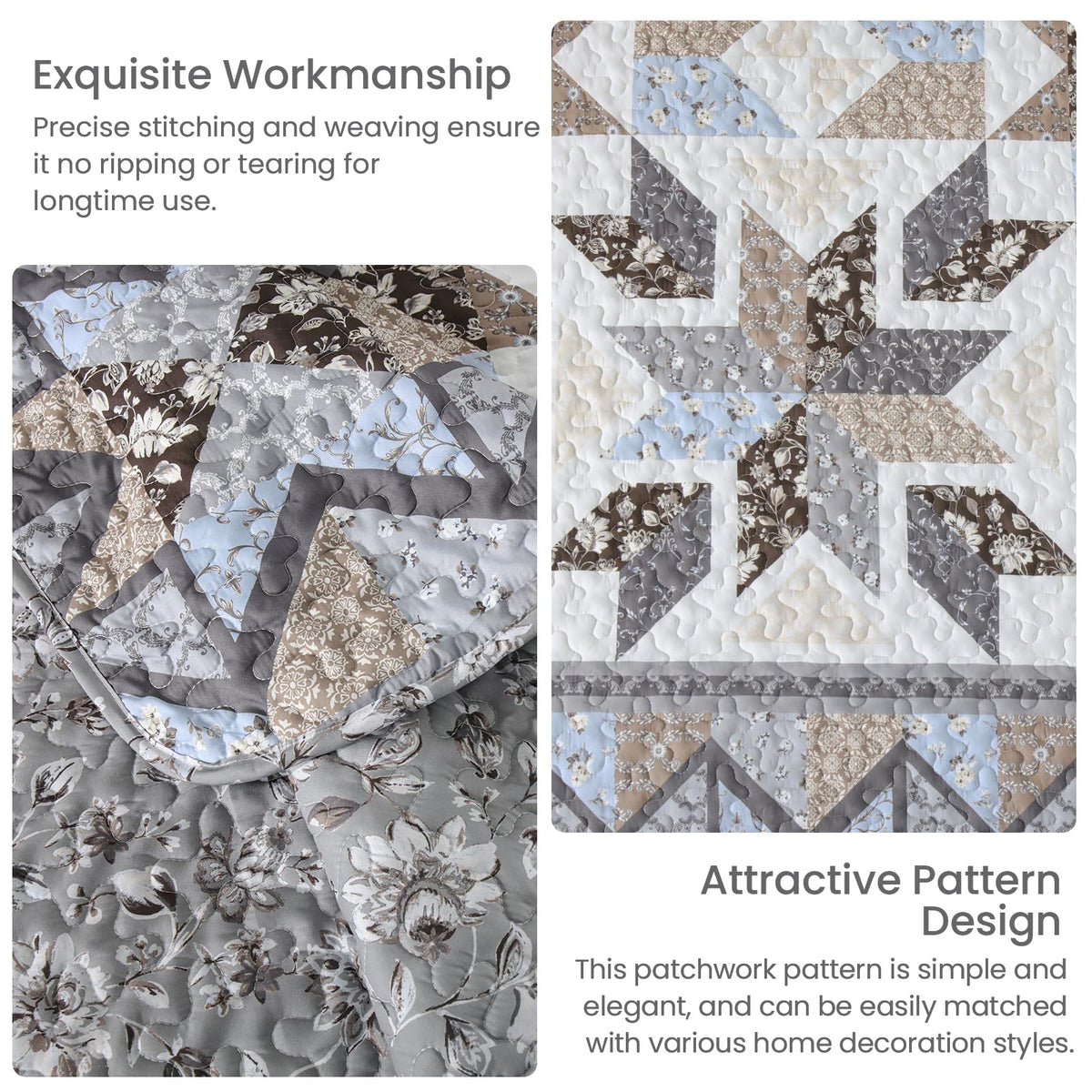 Patchwork Quilts, Reversible Grey Floral Quilt Bedding Set