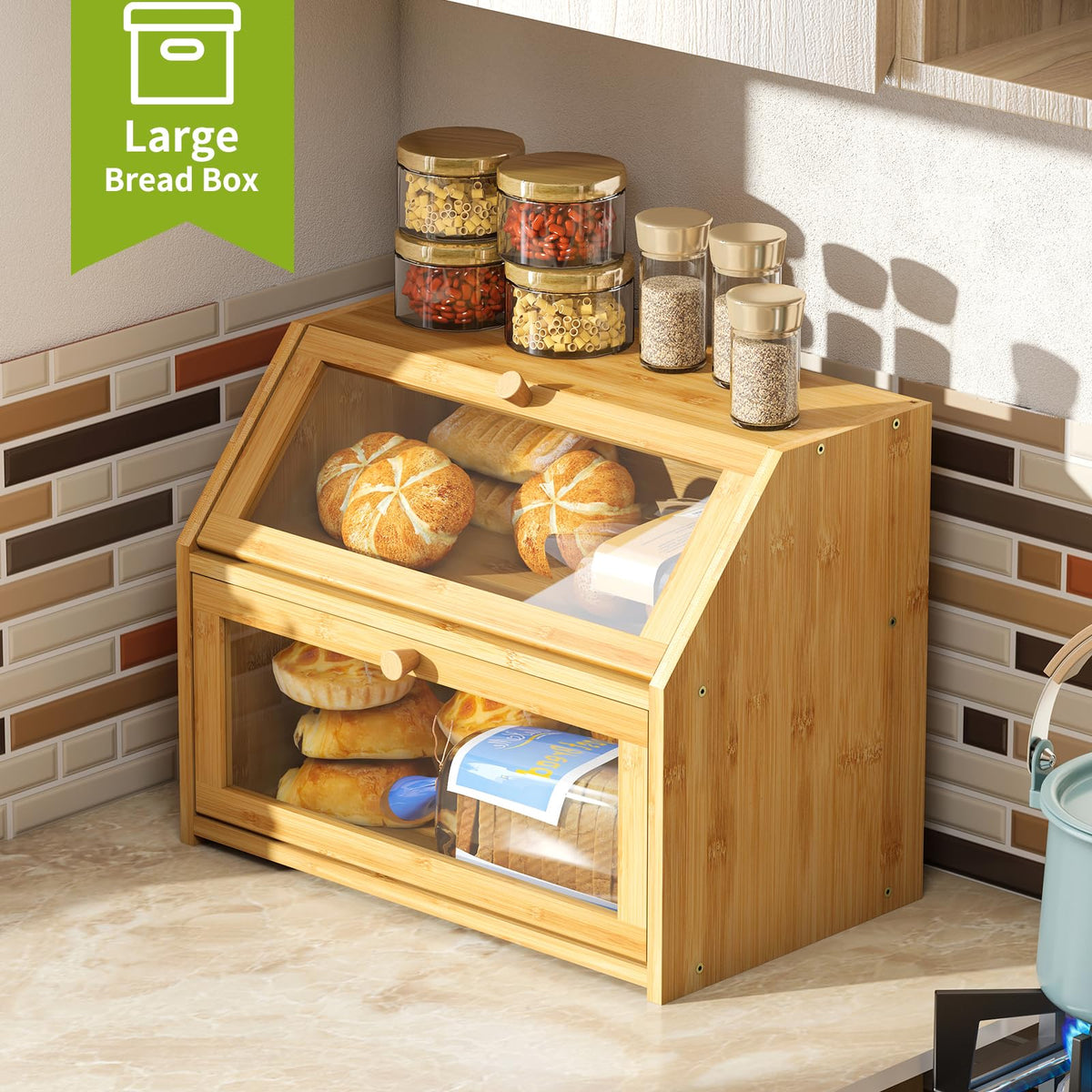 Bread Box - Farmhouse Countertop Double Layer Bamboo Wooden Extra Large Capacity B Food Storage Container(Natural)