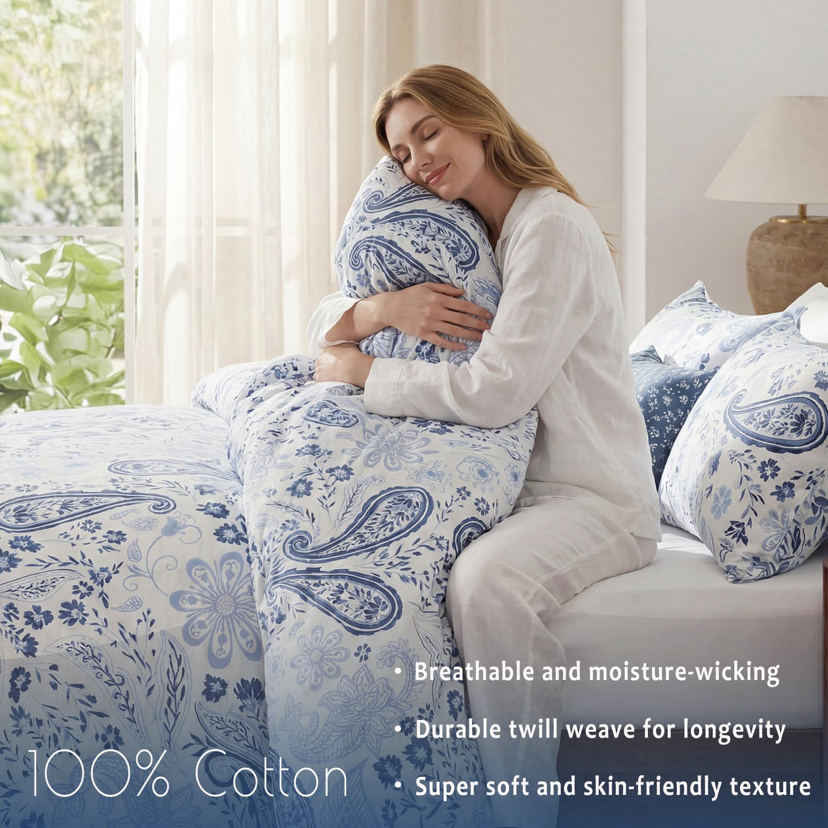100% Cotton Duvet Cover Set Blue Paisley Bedding Set King Vintage Paisley Floral Design Boho Chic Bedding 3 Pcs Soft