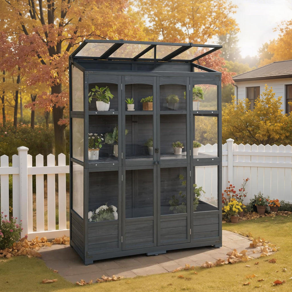 Wooden Walk-in Greenhouse Open Roof & Lockable Door 0899 (Dark Grey)