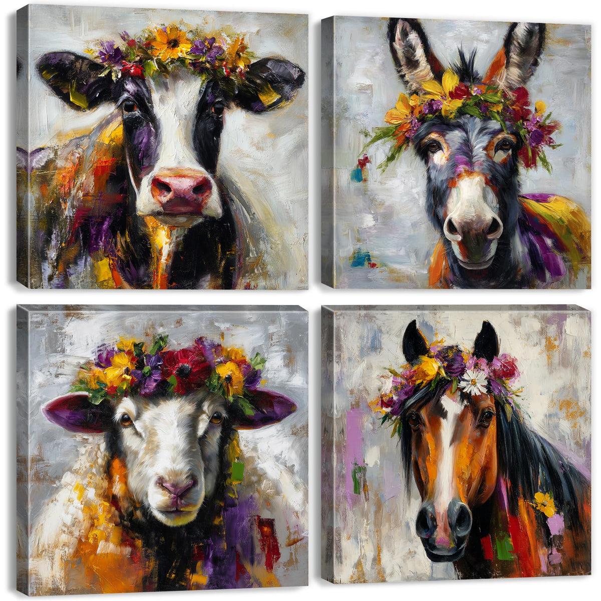 Colorful Cow Horse Donkey Sheep Wall Art Abstract Animals Wall Decor Farmhouse Pictures Canvas Prints Kitchen Rustic