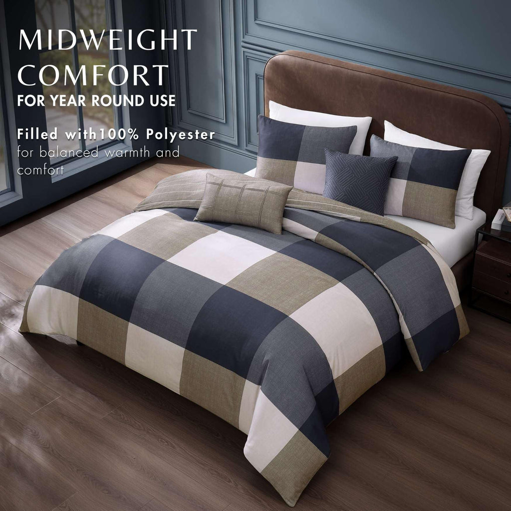 Checkered Navy Tan 5 Piece Reversible Comforter Set