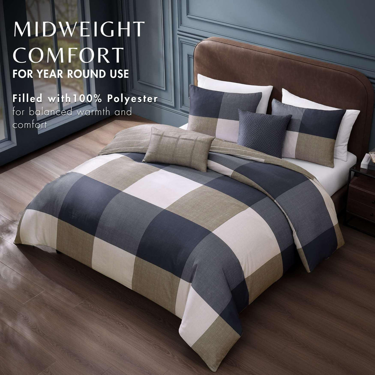 Checkered Navy Tan 5 Piece Reversible Comforter Set