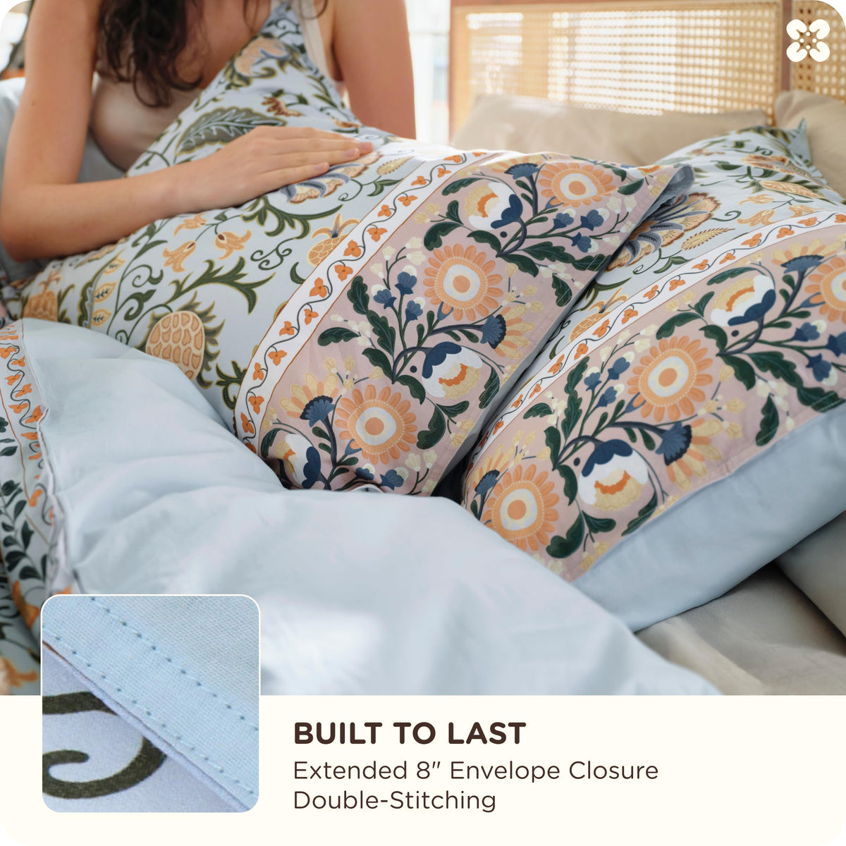 PureWoven 100% Cotton Floral Duvet Cover Set, King, Blue Boho