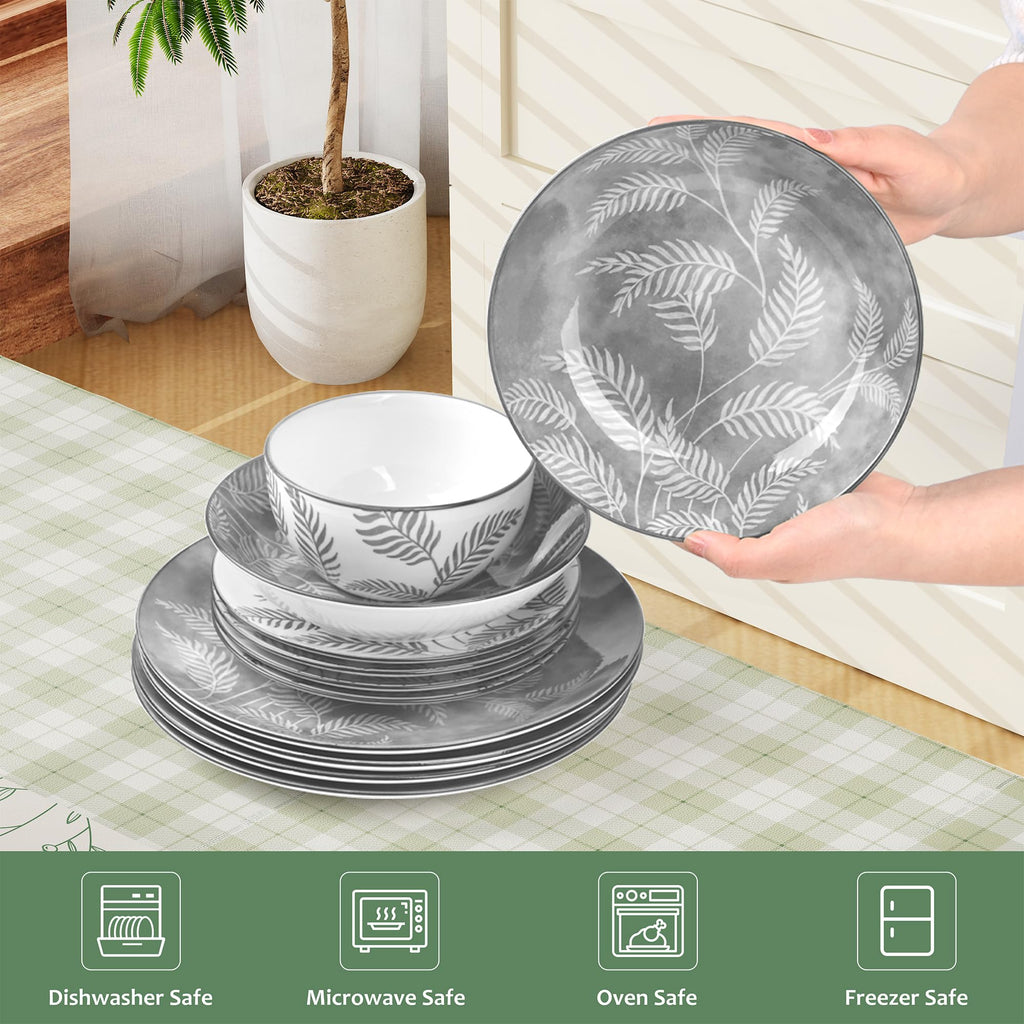 16 Pcs Porcelain Grey Dishes dinnerware set for 4 With Pasta bowls