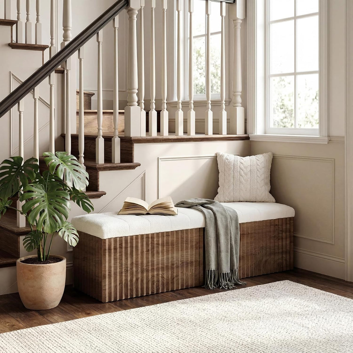 Upholstered End of Bed Storage Bench, 63" Farmhouse Wooden Entryway Bench with Cushion, Padded Ottoman with Shoe