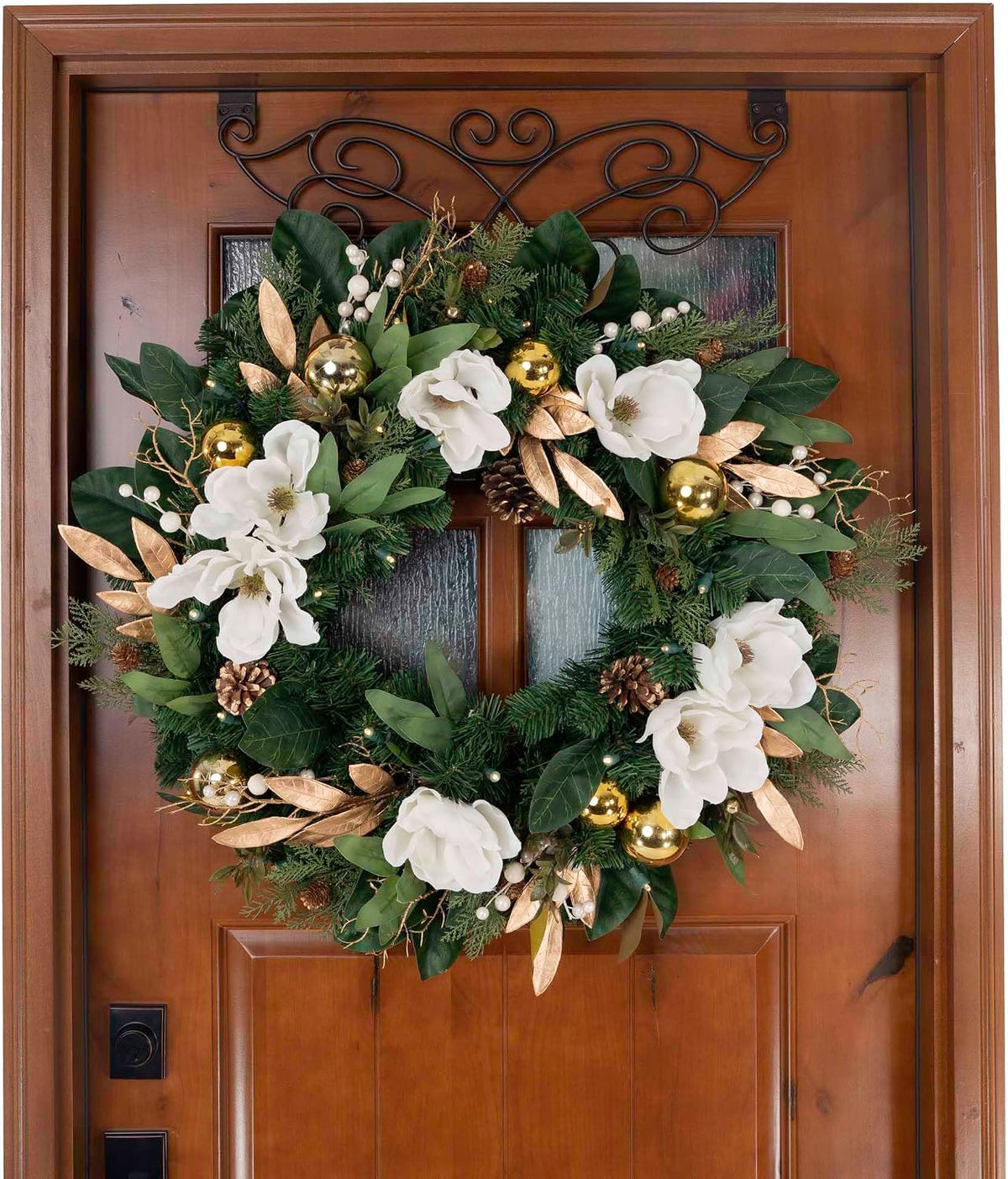30 Inch Pre-Lit Artificial Christmas Wreath, White Gold Magnolia