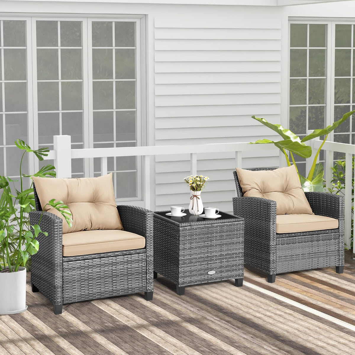 3 Pieces Wicker Patio Furniture Set, Outdoor Rattan Conversation Cushioned Chair Set with Tempered Glass Side Table