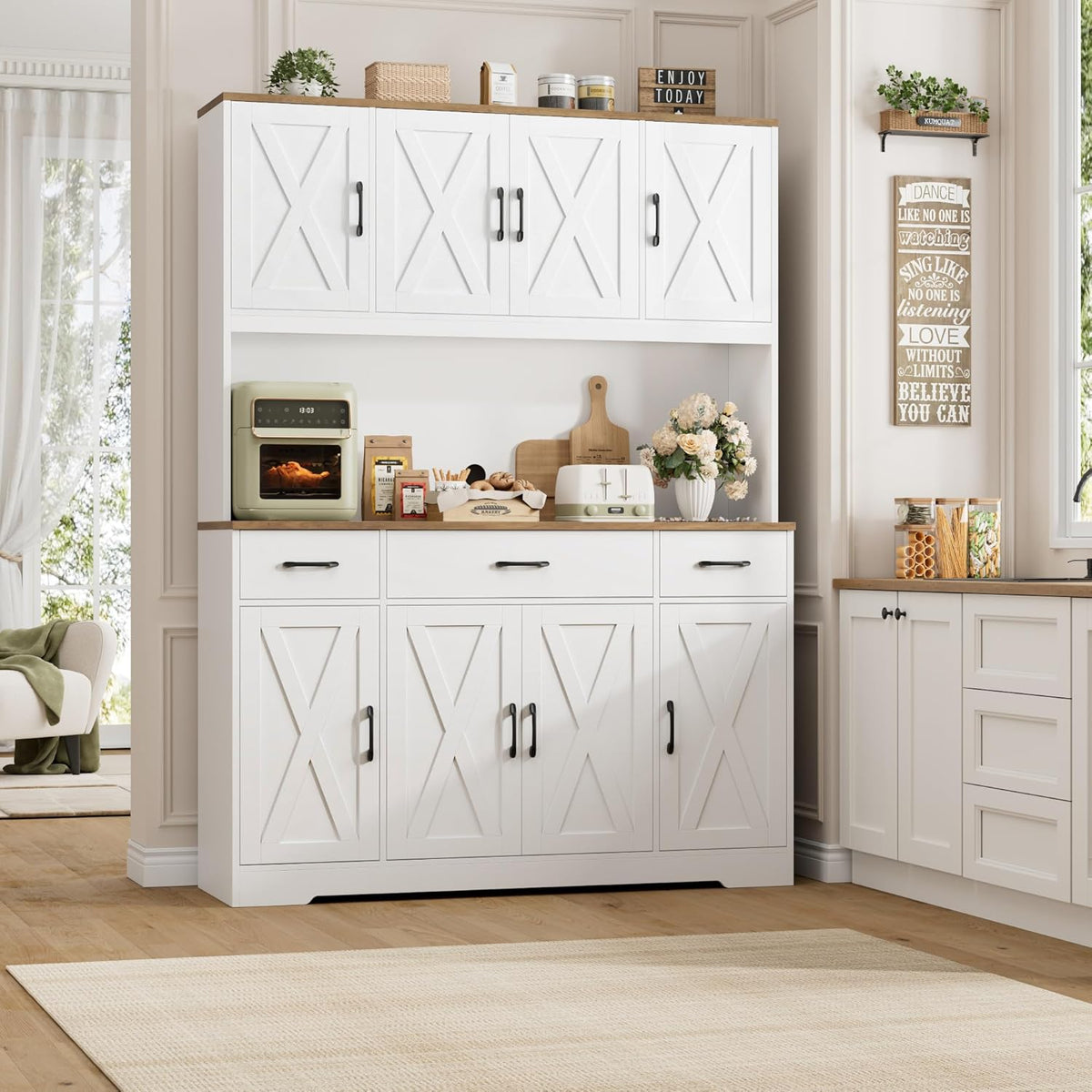 71" Tall Kitchen Pantry Storage Cabinet, 55" W Kitchen Hutch, White | Large Pantry Cabinet with Charging Station /