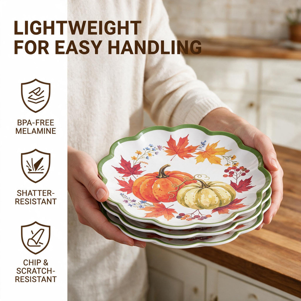 Fall Plates, 4 Pack 9 Inch Melamine Pumpkin Plates, Scalloped Rim