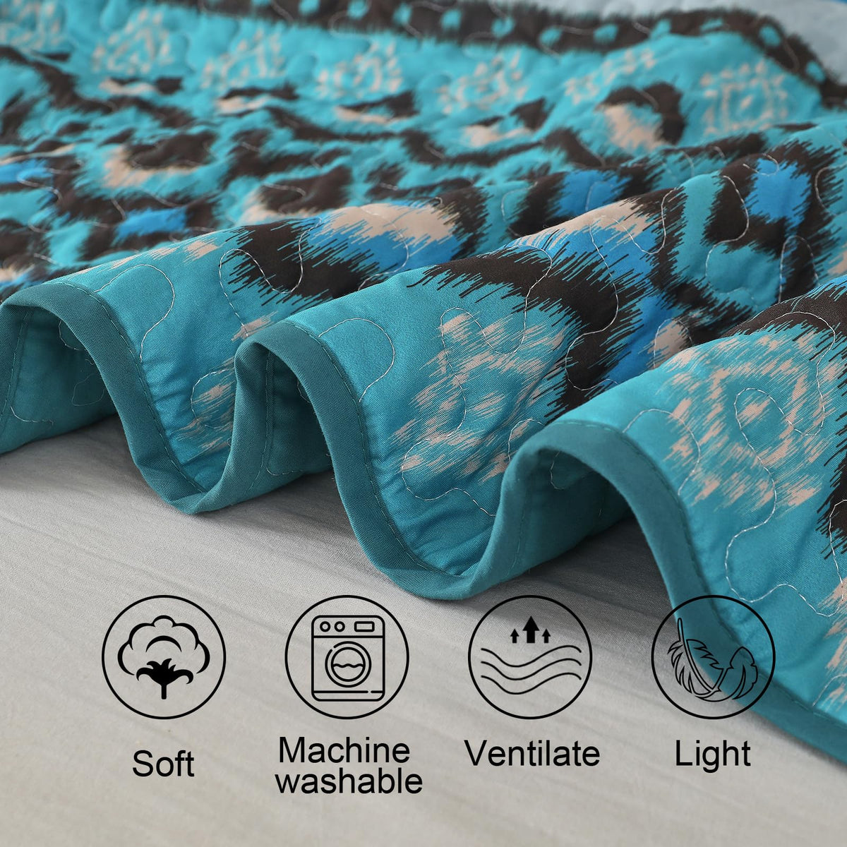 Boho Quilt Set, 3 Pcs Teal Aztec Lightweight Bedspread
