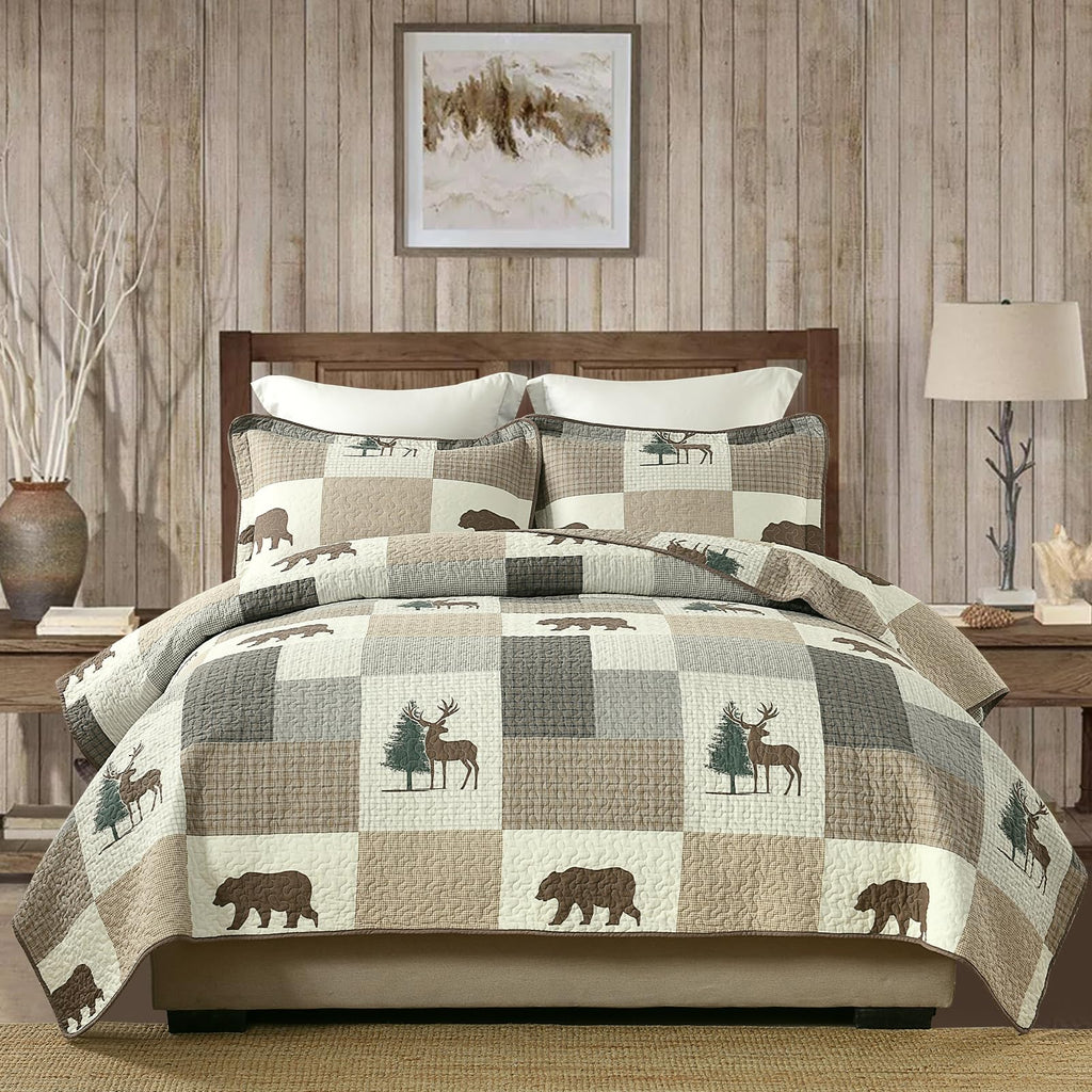 Quilts, 100% Cotton Quilt Set, Lodge Cabin Farmhouse Quilt, Brown Gray Beige Plaid Animal