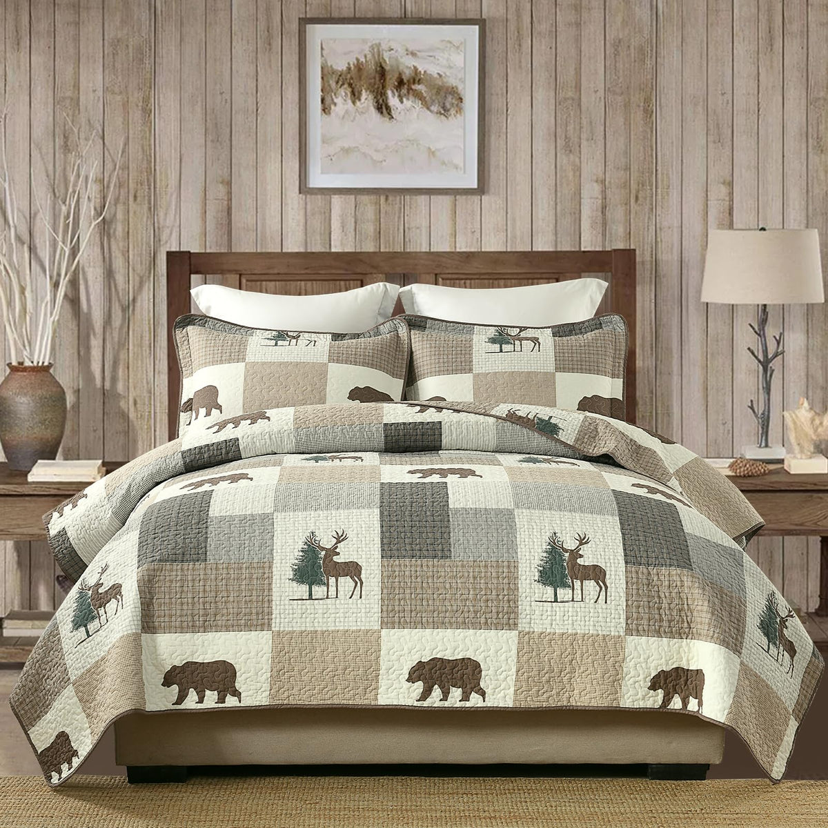 Quilts, 100% Cotton Quilt Set, Lodge Cabin Farmhouse Quilt, Brown Gray Beige Plaid Animal