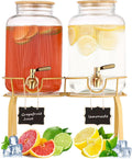 Gallon Glass Drink Dispenser with Stand, 2pack Drink Dispensers For Parties, Beverage Dispenser With Bamboo Lid - Set of 2