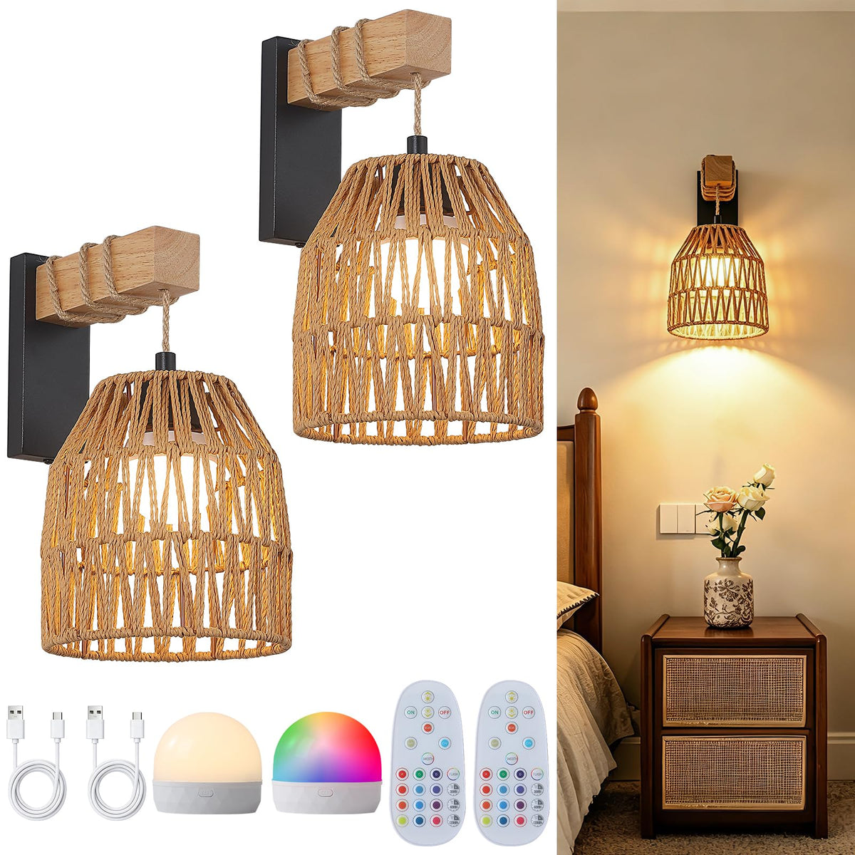 Rattan Battery Wall Sconce 2 Pack, Remote Dimmable, Matte Black